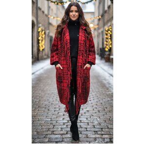 Treasure & Bond Plaid Fringe Duster Coat, Red & Black, Womens One Size